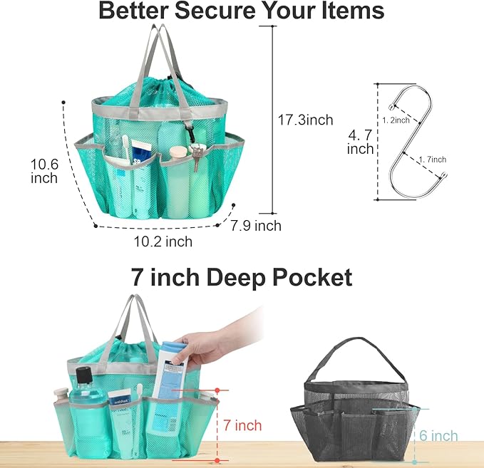 F-color Mesh Shower Caddy Portable with Drawstring - Large 8 Pockets Dorm Room Essentials for Guys Girls with S Hook, Shower Bag Basket Tote for College Camping Gym Travel Bathroom, Mint Green