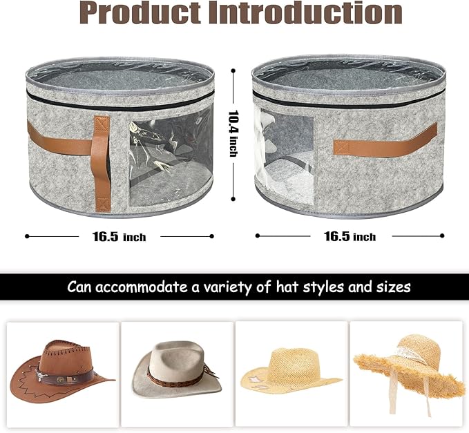 STARGAZ Hat Organizer Box, Stackable Hat Box for Women Storage, Large Felt Cowboy Hats Storage Boxes, for Straw Hats, Baseball Cap for Men With Clear Dust Proof Lid, for Closet (Light Gray)