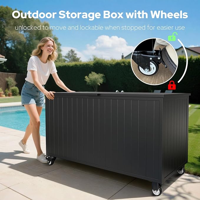 Outdoor Storage Box with Wheels 150 Gallon, Metal Deck Boxes Waterproof, UV Resistant Patio Storage Box with Lid for Patio Furniture, Garden Tools (Black)