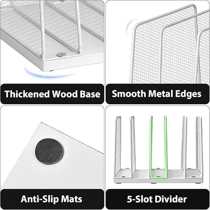 Small Desk File Organizer, 5-Section Upright File Sorter, Vertical File Folder Holder, Mesh Metal Wood Office Desktop Organization for Document, Magazine, Books and more (White)