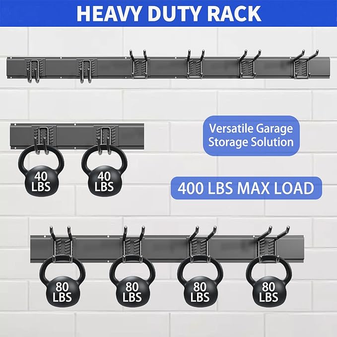 Garage Wall Organizer Wall Mount, 48inch Heavy Duty Garden Tool organizer Storage System, Easy Install With 6 Adjustable Hooks, For Garage, Basement, Shed, Workshop(Black)