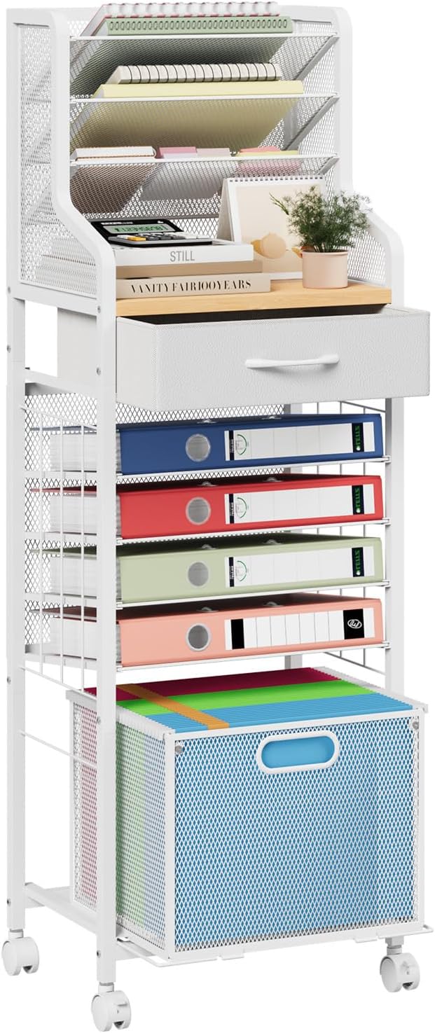 SWTYMIKI 10-Tier Rolling File Cart - Mesh Paper Organizer with Drawer and Hanging File Folders on Lockable Wheels, Rolling File Cabinet for Office Organization, Storage in Home, Studio, School, White