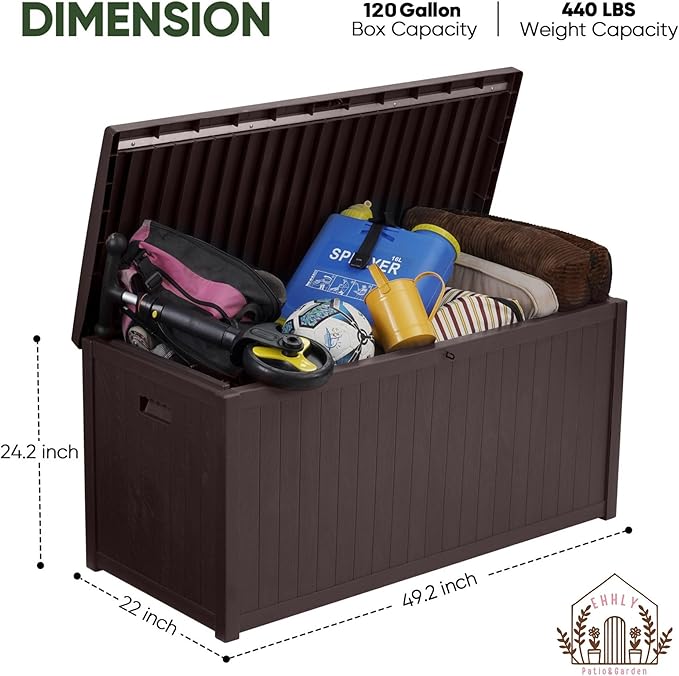 EHHLY 120 Gallon Outdoor Storage Box Large, Lockable Outside Containers Waterproof Patio Cushions Storage Deck Boxes, Plastic Garden Hose Boxes Resin Pool Storage Bins, Brown