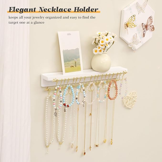 Necklace Holder Wall Mounted Necklace Organizer with 36 Hooks, Hanging Jewelry Organizer for Bracelets, Rings and Necklaces Display Storage for Girls and Women