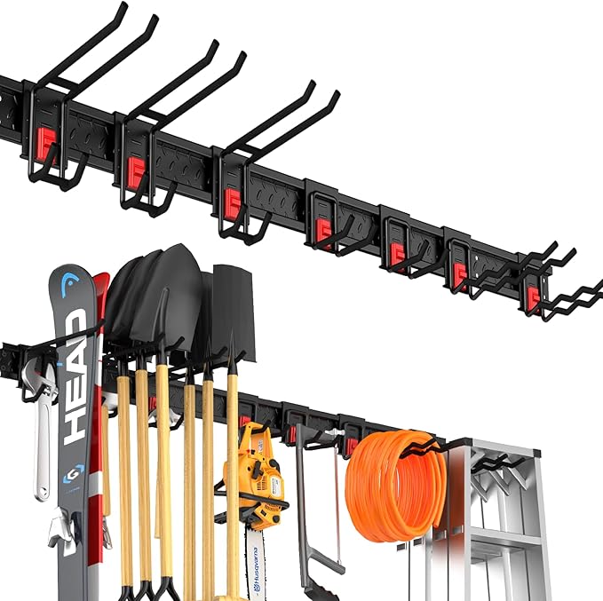 Garage Tool Organizer Wall Mount, Upgraded 48" Heavy Duty Garage Storage Tool Rack, Thickened Metal Wall System with 7 Adjustable Anti-Slip Hooks, 550 lbs Load Capacity, Reinforced Locking, For Garden