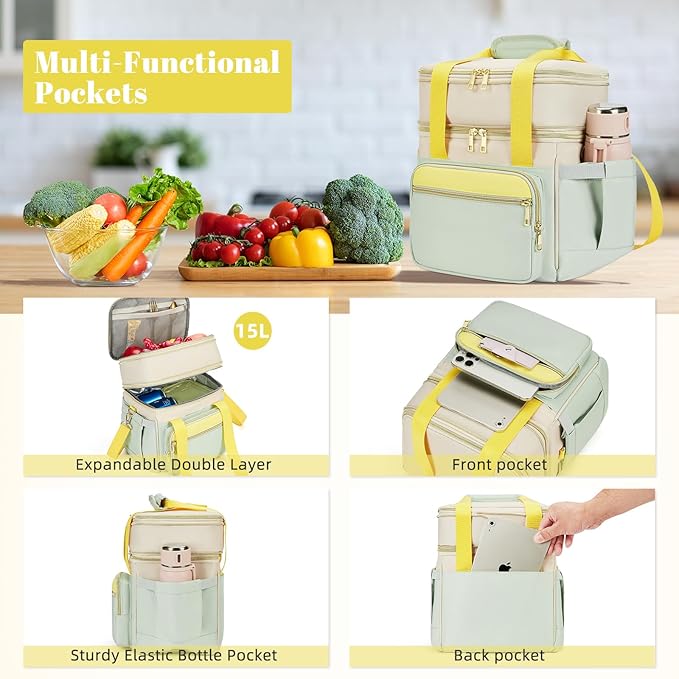 Insulated Lunch Bag & Lunch Box for Women - Double Deck Reusable Lunch Bag for men Tote Cooler Bag Leakproof Soft Expandable - Large Lunchbox for Work/Adult/Picnic/Outdoor (Green，15L)