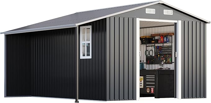 Jocisland Outdoor Storage Shed 10.6x10.3x6.3 FT, Sliding Door Shed with Dual 4-Pane Windows for Wood Storage, Dark Grey/White