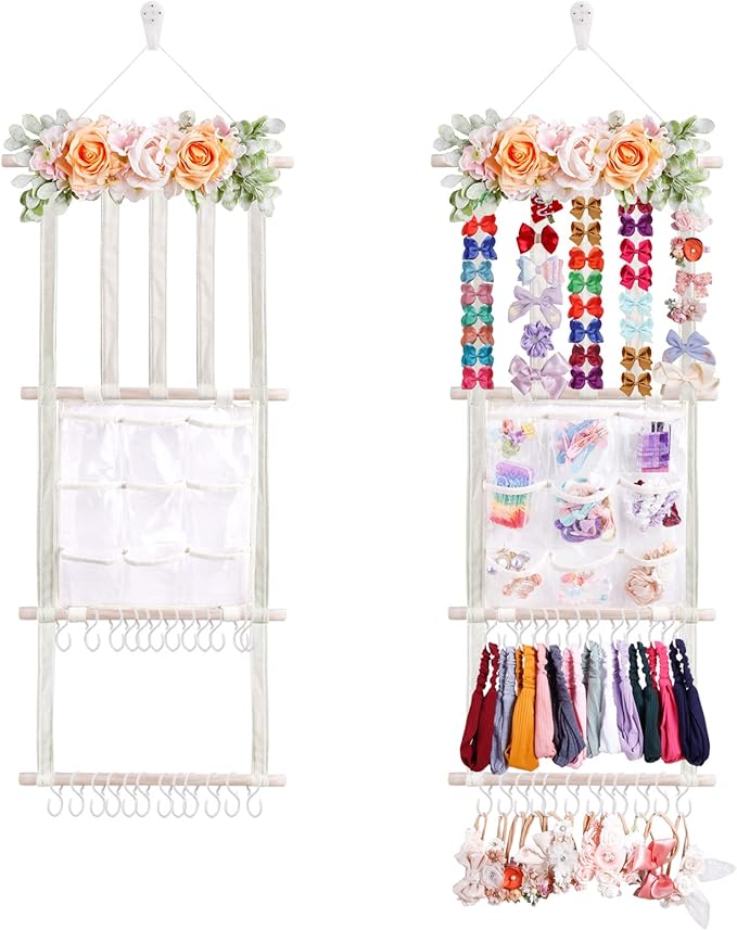 cherrboll Hair Bows Holder Headband Organizer for Girls, Hair Clips Hanger Storage with Hooks, Wall Hanging Decor for Nursery Room