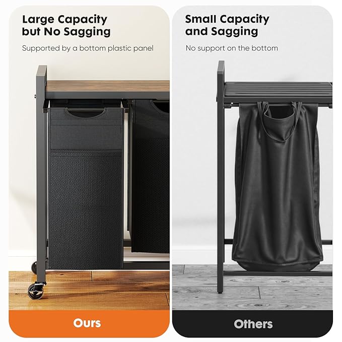 DUMOS Laundry Hamper with 3 Pull-Out Removable Sorter Bags, Movable Wheels, Freestanding Clothes Basket Organizer in Bathroom, 3 × 10.6 Gal (120L) Capacity, Rustic Brown and Black