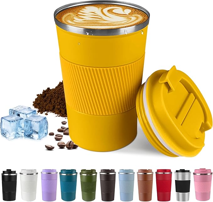 Vacuum Insulated Travel Coffee Mug, Reusable Stainless Steel Tumbler with Leak-Proof Lid, Keeps Drinks Hot or Cold for Hours, Durable Portable Cup for Men & Women (3rd-Yellow, 12oz)