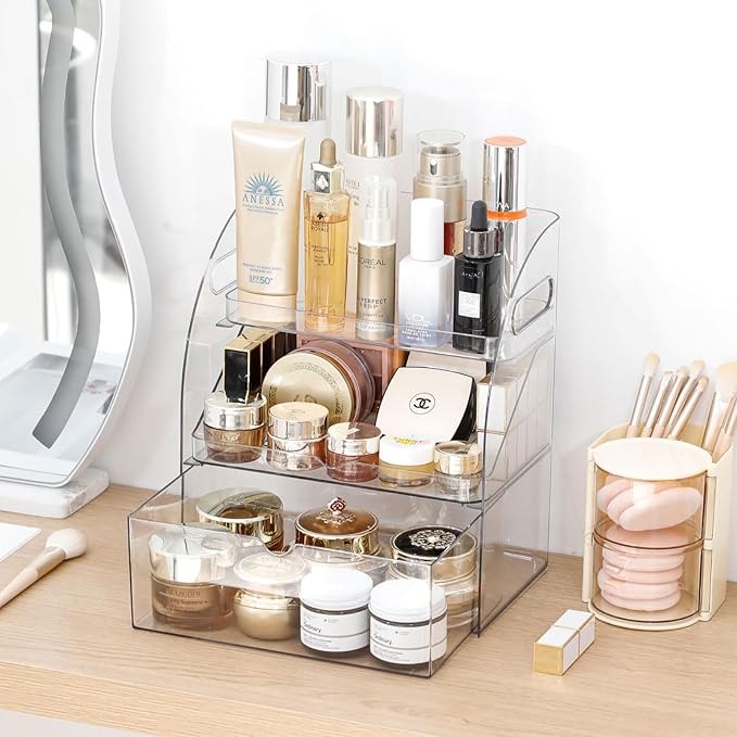 FABROK 3-Layer Desk Organizer with Drawer, Clear Office Supplies and Desk Accessories Organizer with Handle, Desktop Organizer and Storage for Stationery（Clear）
