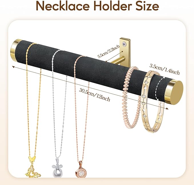 Velvet Necklace Holder Wall Jewelry Organizer, 12" Hanging Necklace Organizer, 2 Pack Wall Mounted Necklace Hanger for Bracelets Bangles Display,Black