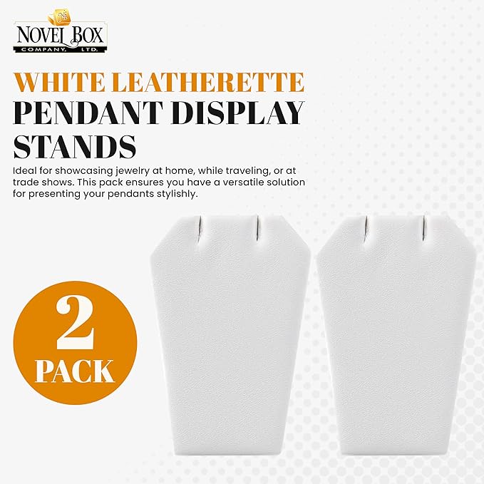 Novel Box 2 Pack White Leatherette Pendant Display Stands 2 1/2 x 1 3/4 x 3 1/4 Inches - Jewelry Stand Pendants Organizer for Women - Elegant Pendant Easels for Craft Shows, Selling & Personal Use