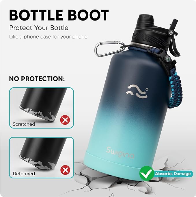 [2-IN-1 LID] 64 oz Insulated Water Bottle with Silicone Boot (48hrs Cold/24hrs Hot) - DIY Stickers, Leakproof, BPA Free, Half Gallon