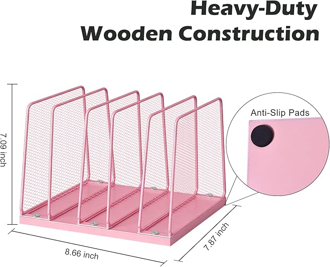 AUPSEN 5-Section Wooden Desktop File Organizer, File Sorter Storage Rack, Vertical File Holder for Office Supplies, Pink