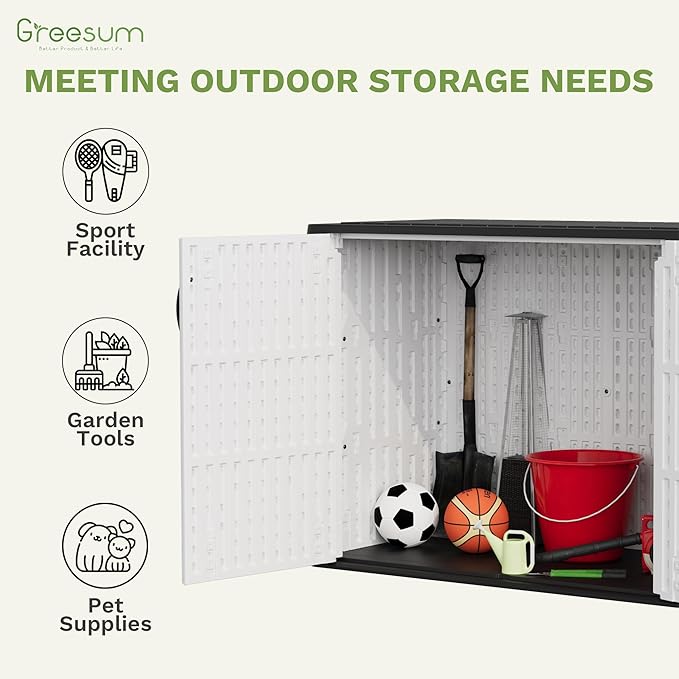Greesum Outdoor Storage Cabinet, 25 CUFT Deck Box Without Shelves, Waterproof Plastic Storage Shed for Patio Cushions, Gardening Tools, Lockable and Sidehandles, UV Resistant, White