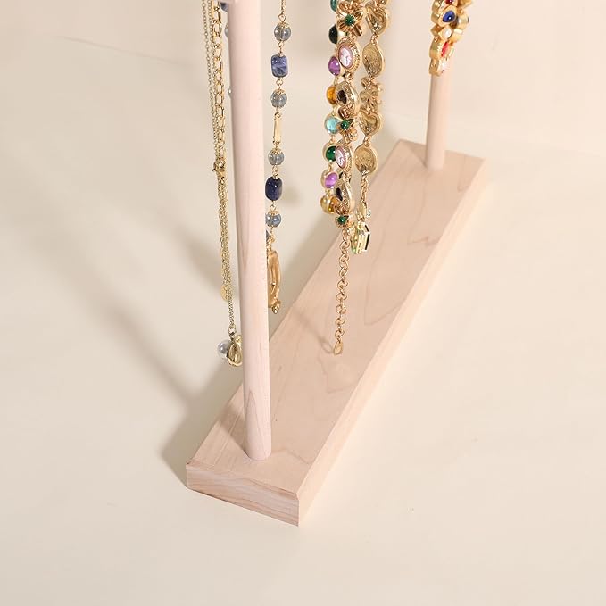 GemeShou Medium necklace hanger shelf with 12 copper bars, Wooden jewelry storage organizer rack for hanger necklace bracelet, necklace display stand for boutique store【Maple】