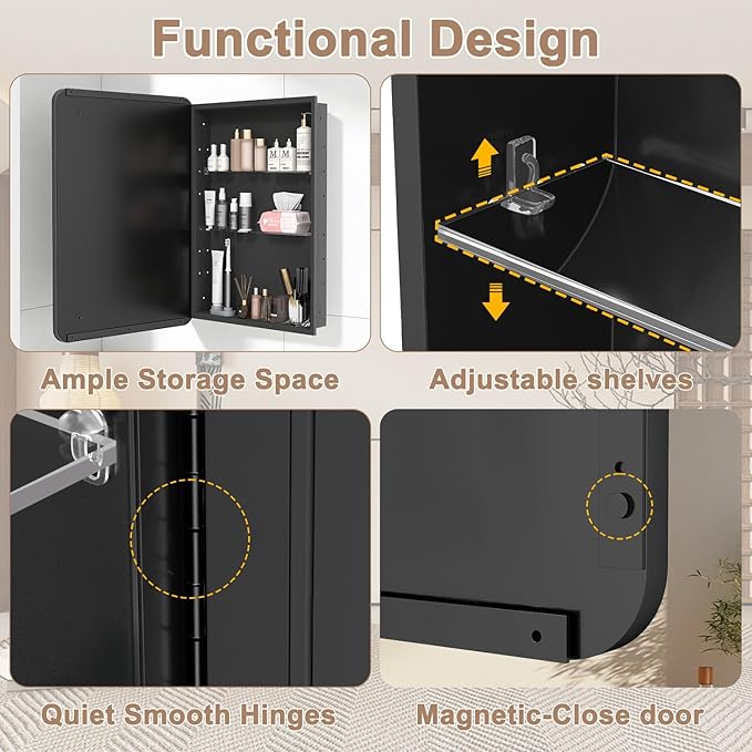 20x28 Inch Medicine Cabinet with Mirror for Bathroom, Black Aluminum Bathroom Medicine Cabinet, Recessed or Wall Mount Medicine Chest Over Sink, Modern Farmhouse Style, Fully Assembled