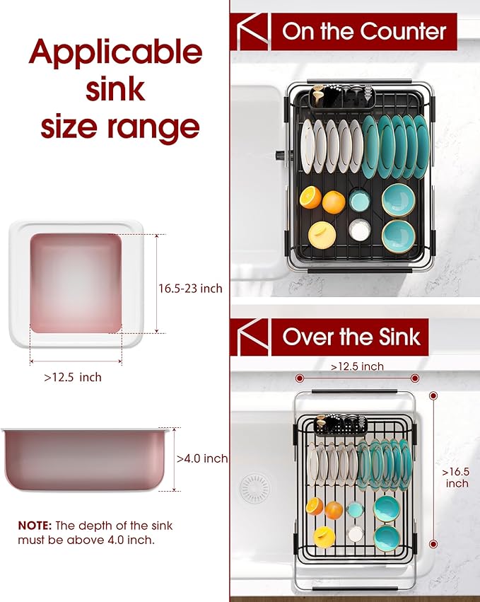 Extendable Dish Drying Rack Over Sink with Dish Drainer, Sink Organization and Storage Essentials with Silverware & Utensil Holder, Home and Apartment Decor, 12" W x 16.1~23" L, Black
