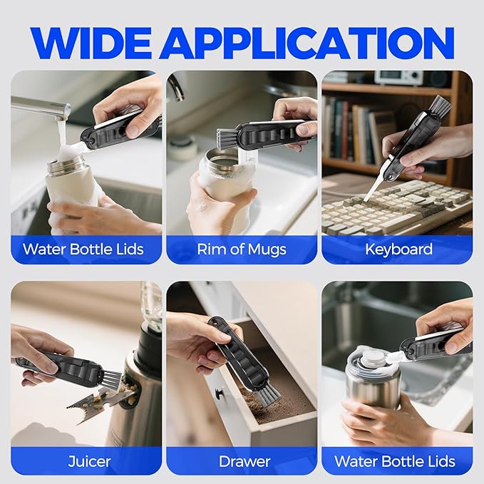 6 Pack Holikme 4 in 1 Cup Lid Cleaning Brush Set with 3 Straws, Multifunctional Bottle Brush, Silicone Cup Lid Gap Cleaner, Durable Bristle Crevice Cleaning Brush, Black