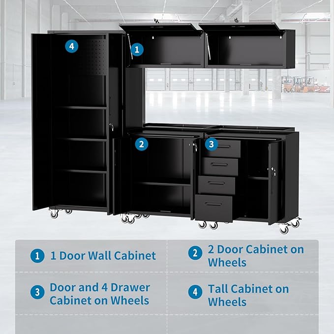 Garage Storage Cabinets System 5 PCS Workshop Set with Drawers Locking Heavy Duty Rolling Cart with Adjustable Shelves Garage Tool Workbench Cabinets (5 PCS-1, Black)