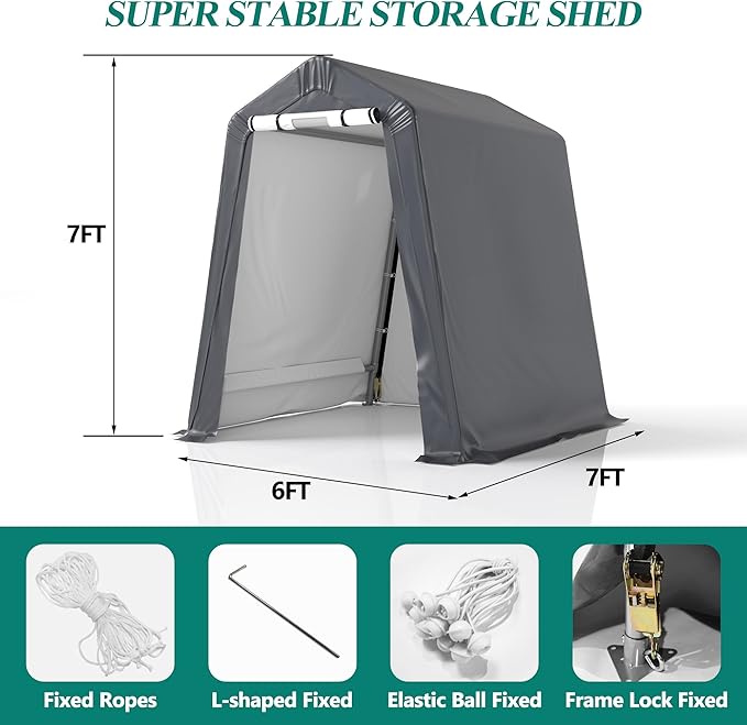 GARTOO 6' x 7' Outdoor Storage Shelter Shed- Heavy Duty Storage Tent with Roll-up Ventilated Windows, Portable Garage Storage shed for Bike, ATV, Motorcycle Shelter, Gray