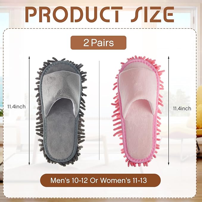 Jecery 2 Pairs Microfiber Cleaning Mop Slippers for Floor Cleaning House Mop Shoes Men and Women Washable Unisex Dusting Slippers Dirt Tool Supplies(Large,Gray, Pink)