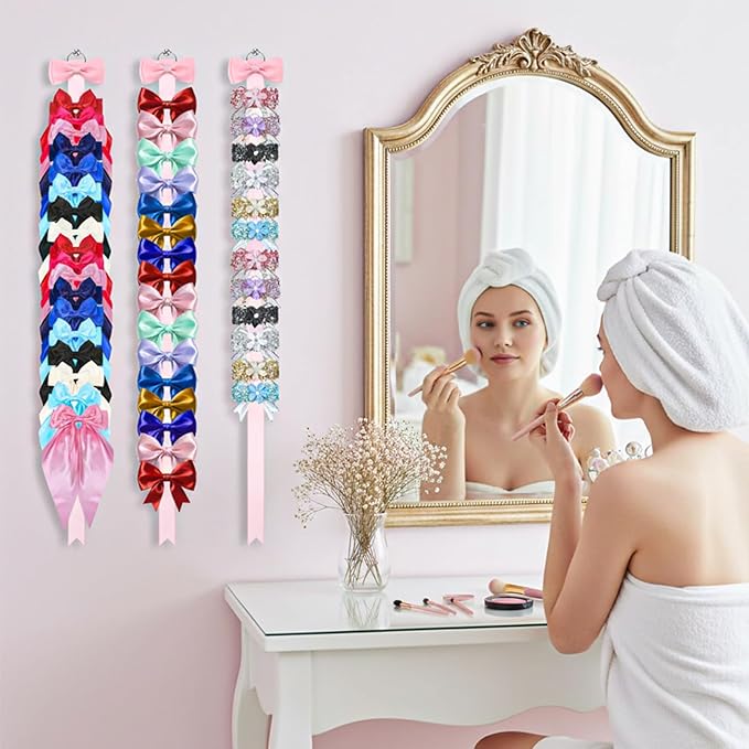 8 Pcs Bow Holder for Girls Hair Bows, Ribbon Hair Bow Organizer for Girls Women, Wall Hanging Clip Hairs Accessories Organizer Bedroom College Dorm Decor(White)(Pink)