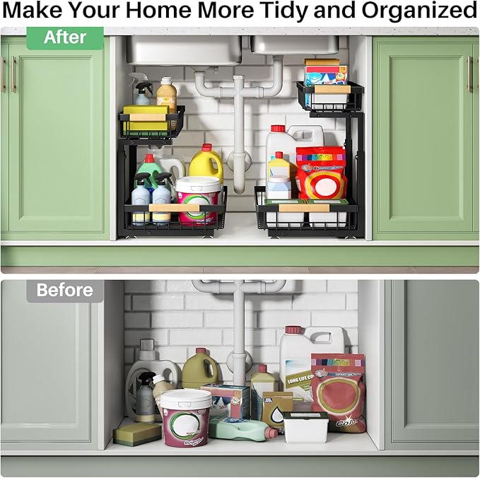 Kitstorack Under Sink Organizer, 2 Tier Under the Sink Storage, Slide out Pull out Cabinet Organizer Shelf, Metal Sliding Drawer for Kitchen Bathroom Pantry Closet Organization Rack, Black, 2 Pack