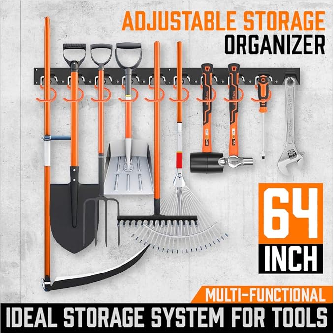 HORUSDY 64'' Adjustable Wall Mount Tool Organizer, Garage Tool Storage System with Heavy Duty Hooks, Tool Hangers for Broom, Mop, Shovel, Rake & Garden Tools