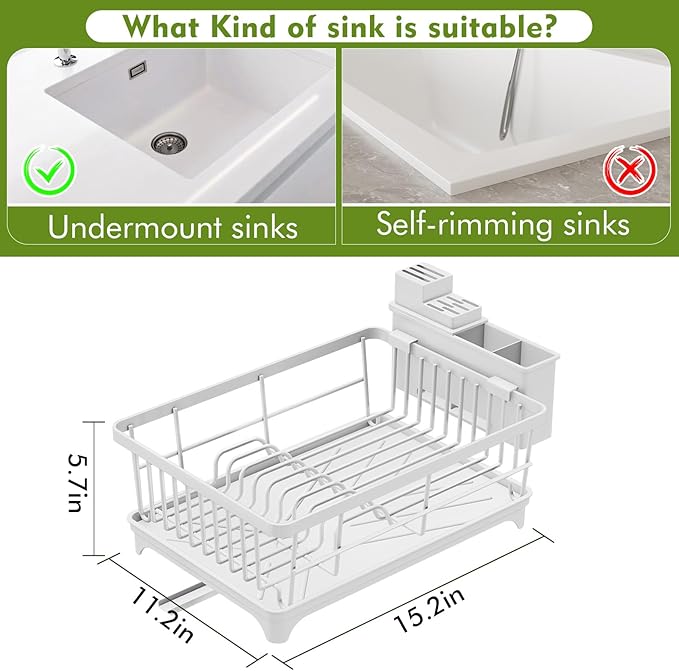 Dish Drying Rack - Space-Saving Small Dish Rack for Kitchen Counter, Rust-Resistant Kitchen Drying Rack, Compact Dish Drainer Organizer with Utensil Holder for Home Kitchen, White