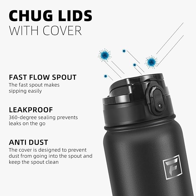 Fanhaw 20 oz Insulated Stainless Steel Water Bottle with Anti-Dust Chug Lid, Leakproof Vacuum Metal Bottle for Kids, Women & Men (Black)