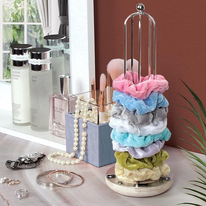 J JACKCUBE DESIGN Silver Metal Scrunchie Holder Stand, Hair Bands Scrunchies Display Organizer for Teen Girls Accessories, Hair Ties, Bracelet, Jewelry Storage Tower- MK726B (Silver)