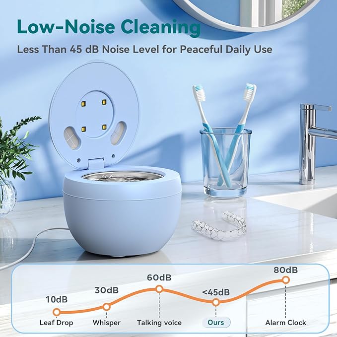 Dental Ultrasonic Retainer Cleaner Machine: 45kHz Dental Cleaning Pod for Denture, Mouth Guard, Night Guard, Aligner, Braces, Toothbrush Head & Jewelry, UV Cleaner with Digital Timer & 4 Modes, Blue