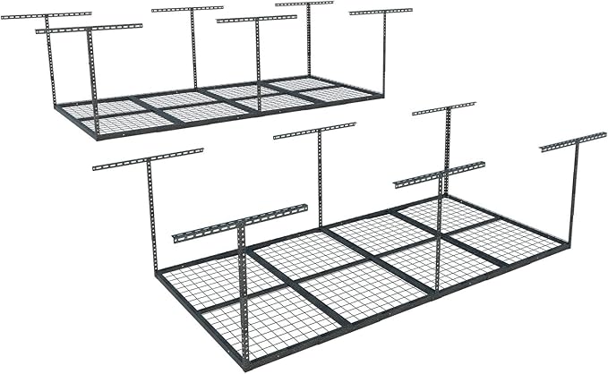 FLEXIMOUNTS 4x8 Overhead Garage Storage Rack, Adjustable Organization System, Heavy-Duty Metal Ceiling Racks, 2 Pack, Hammertone, Classic Series