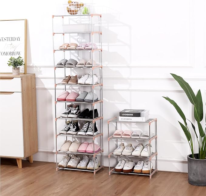 Stackable Small Shoe Rack, Entryway, Hallway and Closet Space Saving Storage and Organization (3-Tier, Pink)