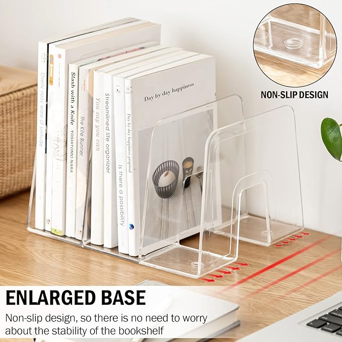 Clear Desktop Book Organizer, Creative Book Stand, Divider Bookshelf for Home School and Office, Non-Acrylic Stand Bookshelves (3 Sections), Transparent, Pack of 2
