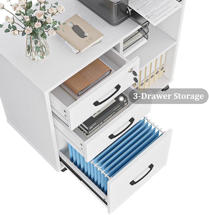 Panana 3 Drawer Office File Cabinets, Mobile Lateral Printer Stand with Open Storage Shelf, Rolling Filing Cabinet with Wheels Home Office Organization and Storage (White)