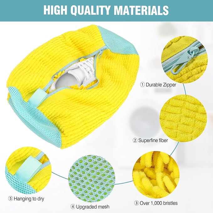 Shoe Washing Machine Bag, Shoe Laundry Bag for Washer and Dryer, Include Dry Net Bag, Reusable and Durable Zipper with Hook Design, Shoe Washing Bag for Sneaker (Yellow, 2 Pack)