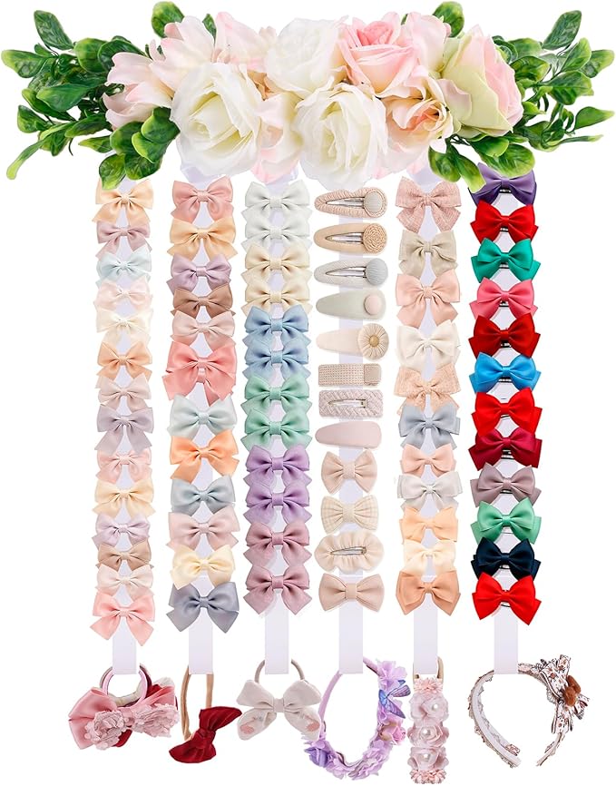 Hair Bows Holder Headband Organizer for Girls,Baby Hair Accessories Organizer Hair Clips Hanger Storage with Hooks, Wall Hanging Decor for Nursery Room (FB-GJ-White, JS95*38CM)