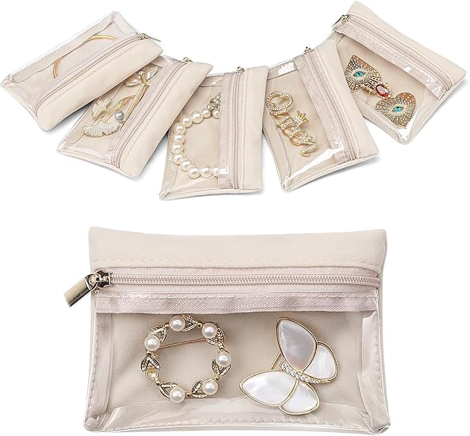 Jewelry Organizer Storage Pouches, Travel Jewelry Organizer Velvet Jewelry Pouch with Zipper Clear Travel Jewelry Bag for Travel Business Trip Mother‘s Day Gift for Mom Wife Women (Beige-6Pcs)