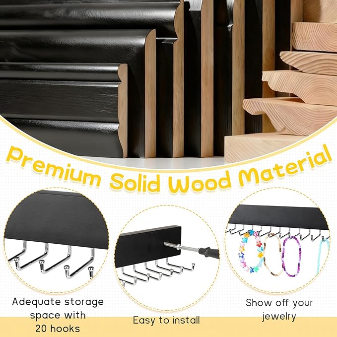 4 Pack Necklace Holder Wall Mount, Hanging Jewelry Organizer with 80 Hooks Total, Space Saving Wooden Necklace Holder for Wall, Necklace Organizer Hanging for Necklaces, Bracelets, Pendant