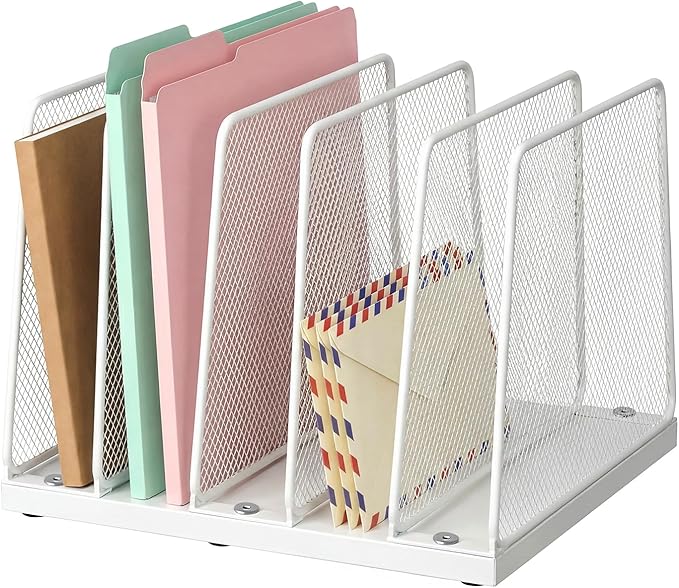 Small Desk File Organizer, 5-Section Upright File Sorter, Vertical File Folder Holder, Mesh Metal Wood Office Desktop Organization for Document, Magazine, Books and more (White)