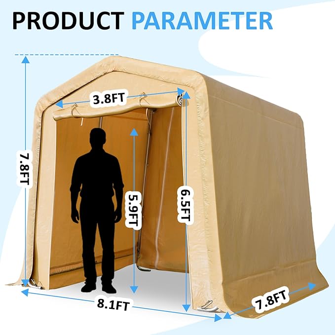 CHARMELEON 8x8FT Heavy Duty Outdoor Storage Shelter,Portable Garage Shelter for Garden Tool Motorcycle Bike,All-Steel Metal Frame Storage Tent with Dual Doors & Thickened Fabric (Khaki)