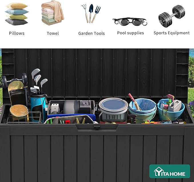YITAHOME 72 Gallon Outdoor Storage Box w/Wheels, Resin Deck Box Indoor & Outdoor Patio Storage Box for Throw Pillows, Athletic Gear(Black)
