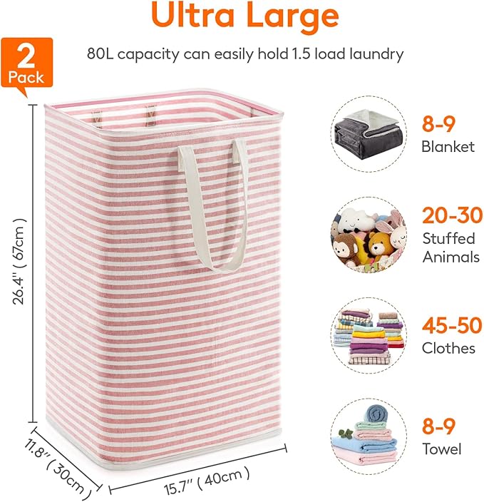 Lifewit 2 Pack Laundry Hamper Large Collapsible Laundry Baskets, Freestanding Waterproof Clothes Hamper with Easy Carry Handles in Laundry Room Bedroom Bathroom College Dorm, Pink&Blue, 2 x 80L