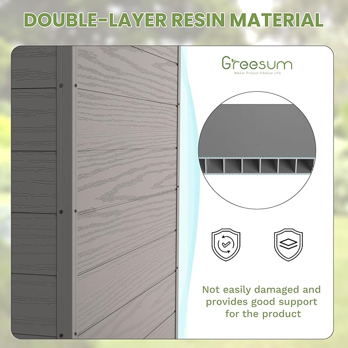 Greesum 6x4FT Plastic Outdoor Storage Shed with Floor, Resin Sheds with Lockable Double Door, Tool Sheds with Window and Vents, for Garden, Backyard, Patio, Dark Gray