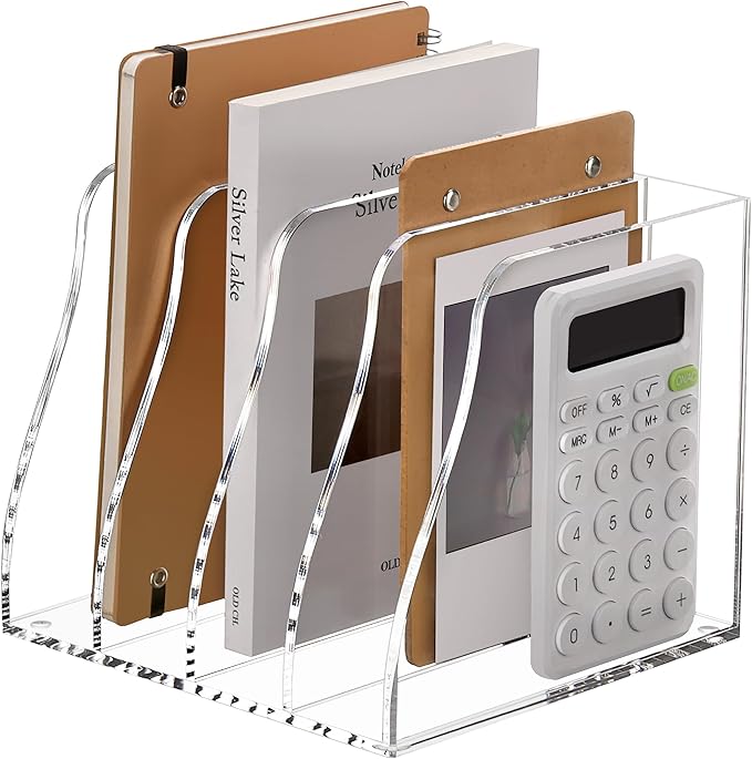 SANRUI Acrylic Desk Magazine File Organizer, 4 Vertical Compartments Clear Document Sorter Organizer Holder Workspace Sorters, Folder Rack for Office Accessories Organization Storage, B5 Size
