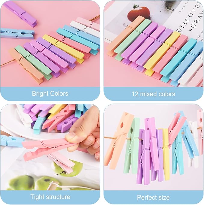 Colored Clothes pins 12 Color, Colorful ClothesPins Wooden Clips for Photos Pictures Decorative Crafts, Decoration clothespins Clothing Hanging clothespins 2.9inch 100PCS (Rainbow Colors)