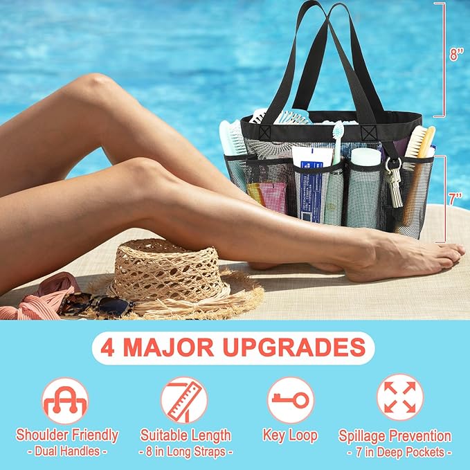 Mesh Shower Caddy Portable for College Dorm Room Essentials, 8-Pocket Large Shower Basket Tote Bag with 2 Handles for Toiletry, Bathroom, Beach, Camp, Gym